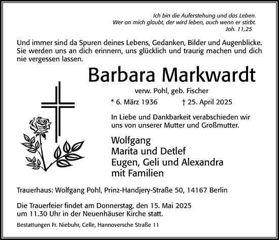 Traueranzeige von Barbara Markwardt von Cellesche Zeitung