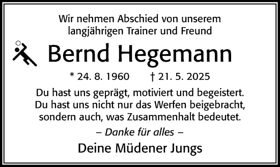 Traueranzeige von Bernd Hegemann von Cellesche Zeitung