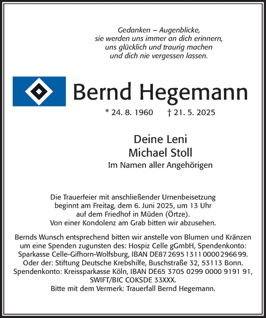 Traueranzeige von Bernd Hegemann von Cellesche Zeitung