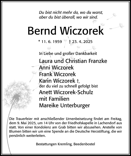 Traueranzeige von Bernd Wiczorek von Cellesche Zeitung