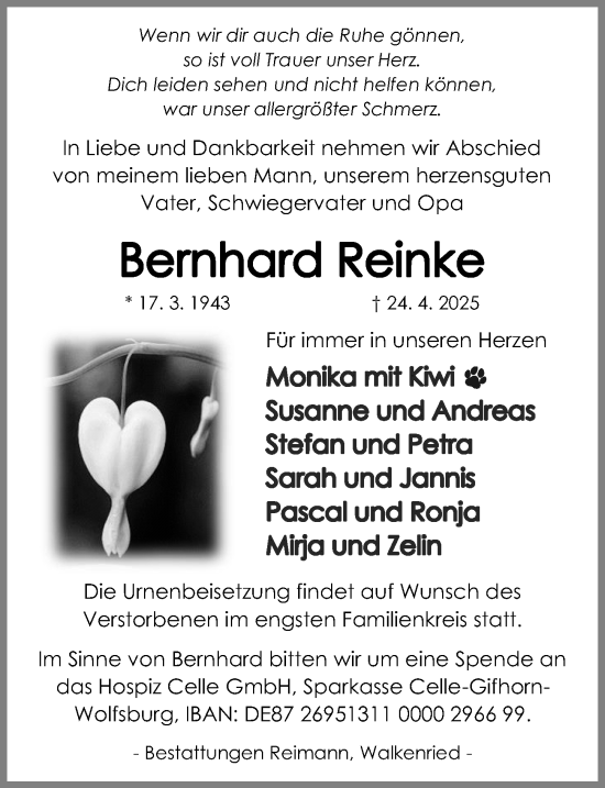 Traueranzeige von Bernhard Reinke von Cellesche Zeitung