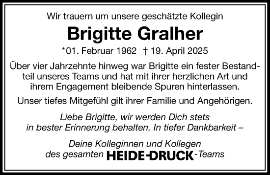 Traueranzeige von Brigitte Gralher von Cellesche Zeitung