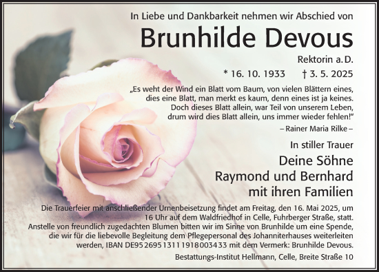 Traueranzeige von Brunhilde Devous von Cellesche Zeitung