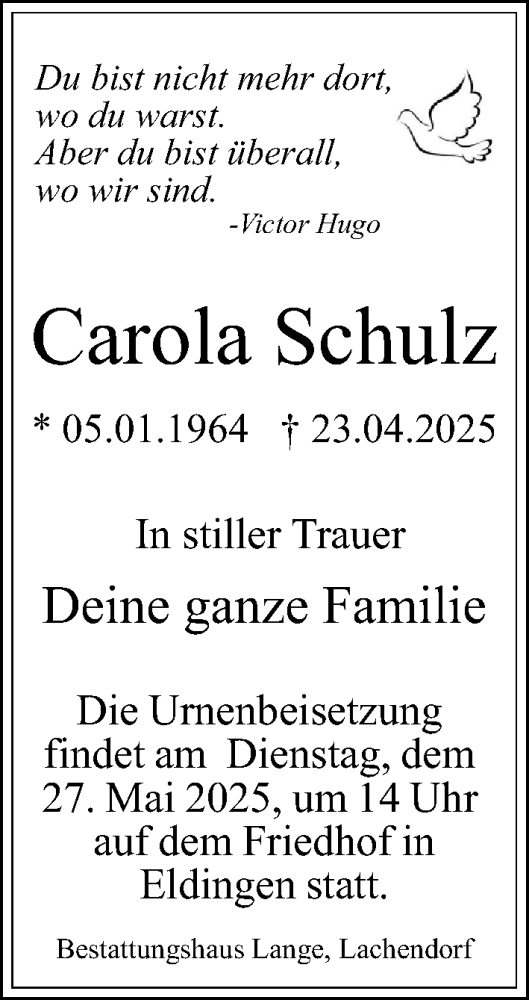 Traueranzeige von Carola Schulz von Cellesche Zeitung