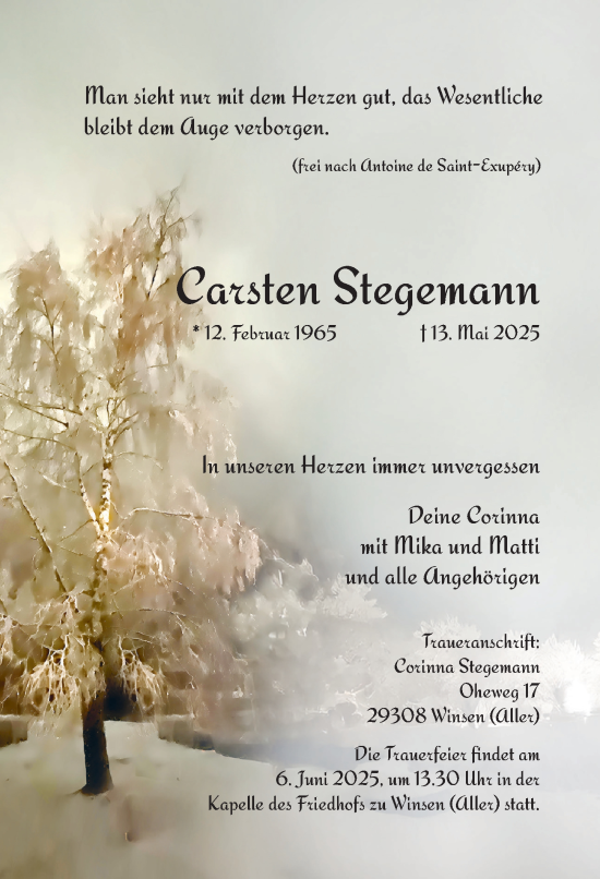 Traueranzeige von Carsten Stegemann von Cellesche Zeitung