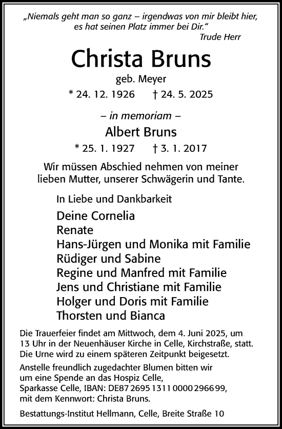 Traueranzeige von Christa Bruns von Cellesche Zeitung