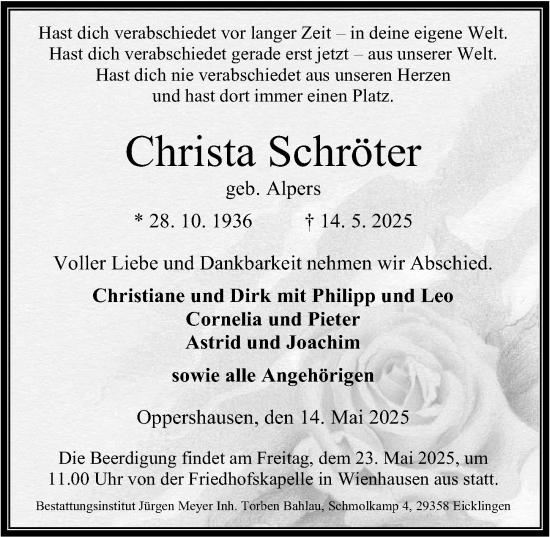 Traueranzeige von Christa Schröter von Cellesche Zeitung
