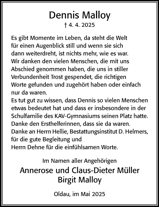 Traueranzeige von Dennis Malloy von Cellesche Zeitung