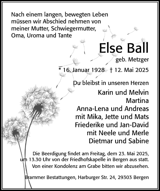 Traueranzeige von Else Ball von Cellesche Zeitung