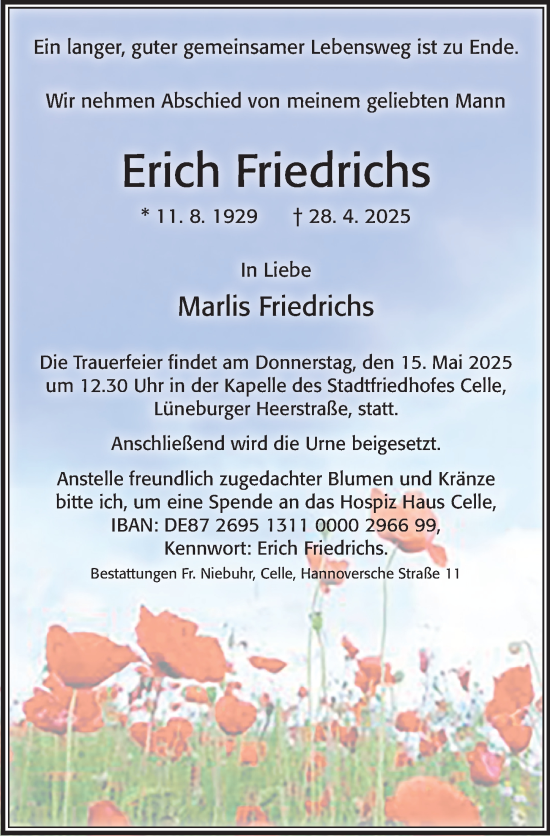 Traueranzeige von Erich Friedrichs von Cellesche Zeitung