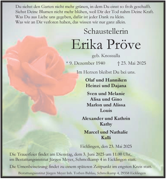 Traueranzeige von Erika Pröve von Cellesche Zeitung
