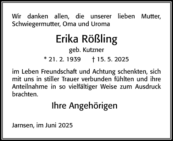 Traueranzeige von Erika Rößling von Cellesche Zeitung