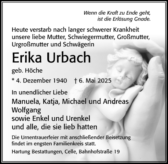 Traueranzeige von Erika Urbach von Cellesche Zeitung