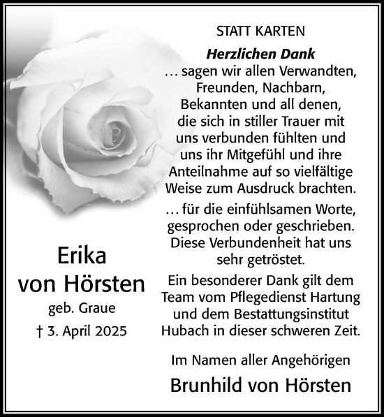 Traueranzeige von Erika von Hörsten von Cellesche Zeitung