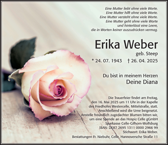 Traueranzeige von Erika Weber von Cellesche Zeitung