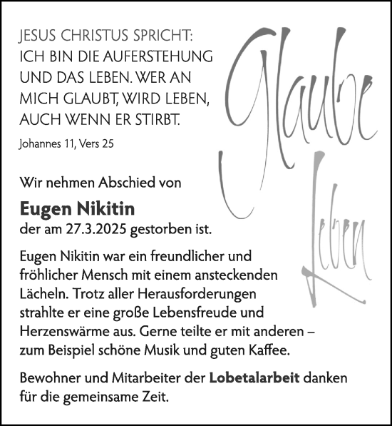Traueranzeige von Eugen Nikitin von Cellesche Zeitung