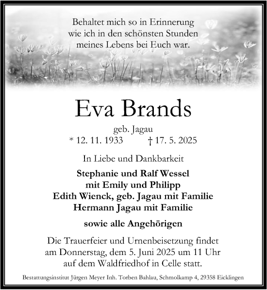 Traueranzeige von Eva Brands von Cellesche Zeitung