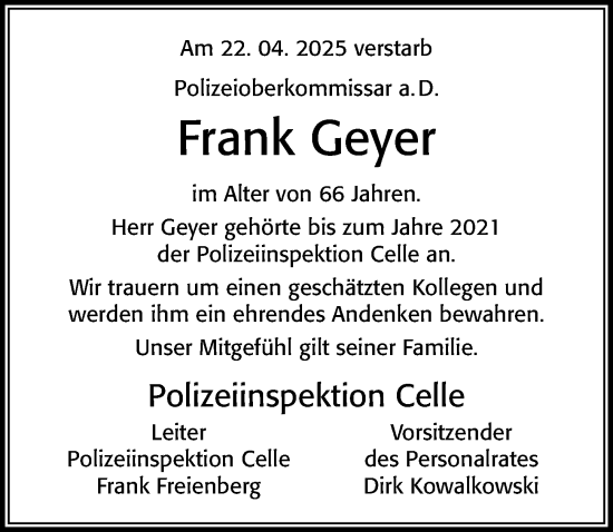 Traueranzeige von Frank Geyer von Cellesche Zeitung