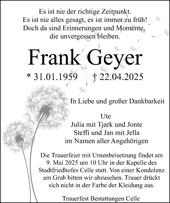 Traueranzeige von Frank Geyer von Cellesche Zeitung