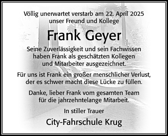 Traueranzeige von Frank Geyer von Cellesche Zeitung