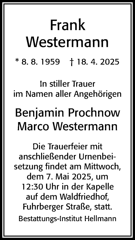 Traueranzeige von Frank Westermann von Cellesche Zeitung