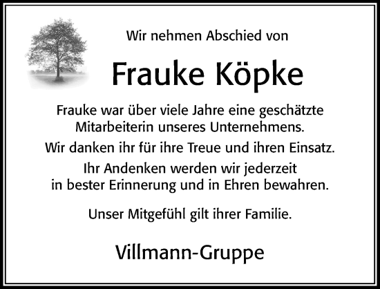 Traueranzeige von Frauke Köpke von Cellesche Zeitung