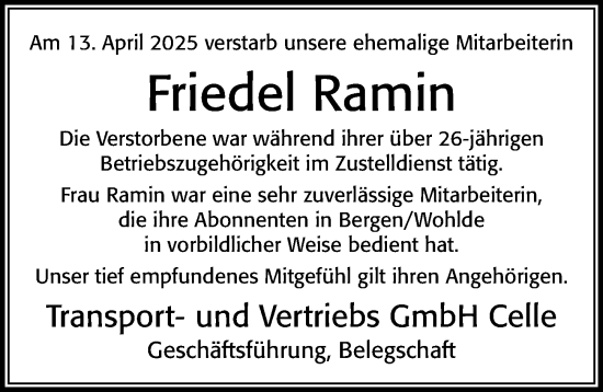 Traueranzeige von Friedel Ramin von Cellesche Zeitung