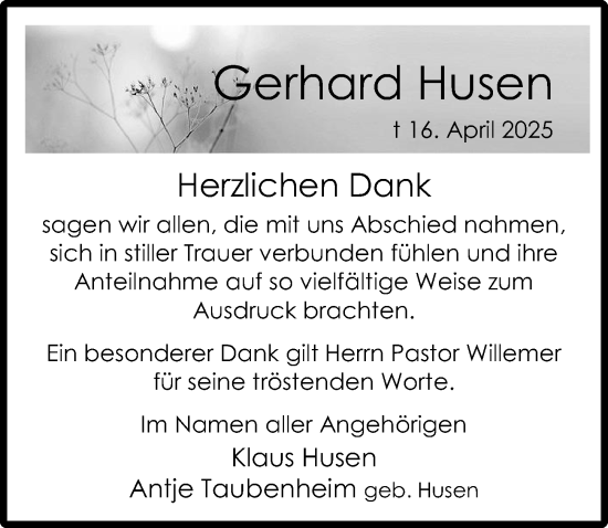 Traueranzeige von Gerhard Husen von Cellesche Zeitung