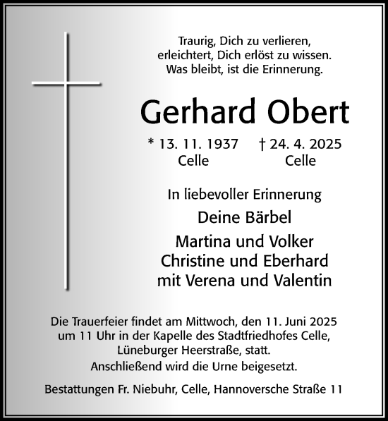 Traueranzeige von Gerhard Obert von Cellesche Zeitung