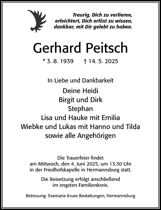 Traueranzeige von Gerhard Peitsch von Cellesche Zeitung