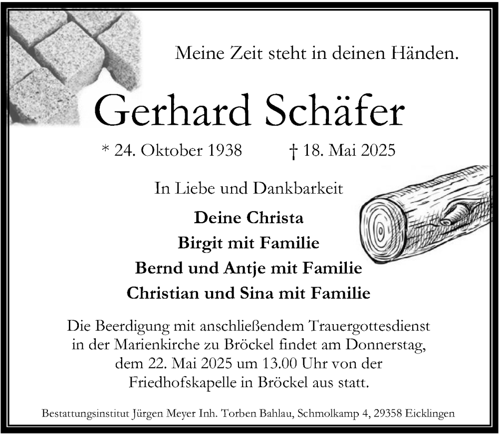  Traueranzeige für Gerhard Schäfer vom 21.05.2025 aus Cellesche Zeitung
