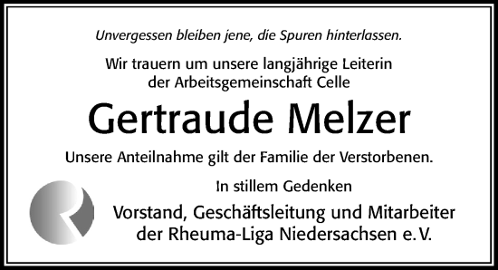 Traueranzeige von Gertraude Melzer von Cellesche Zeitung