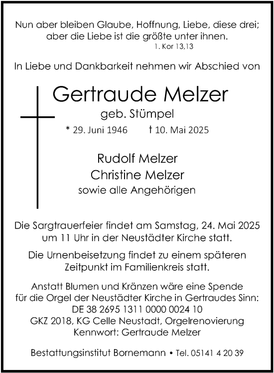 Traueranzeige von Gertraude Melzer von Cellesche Zeitung