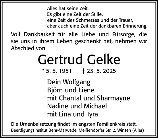 Traueranzeige von Gertrud Gelke von Cellesche Zeitung