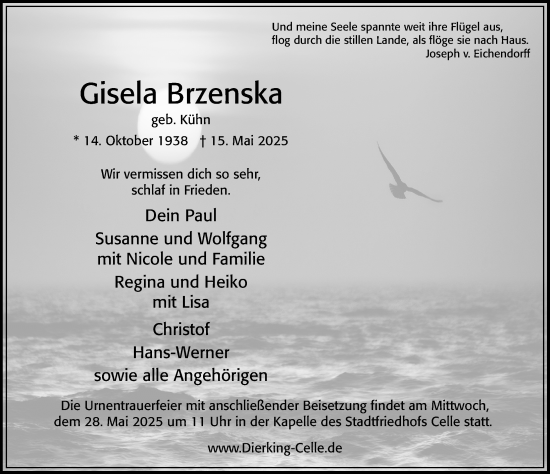 Traueranzeige von Gisela Brzenska von Cellesche Zeitung