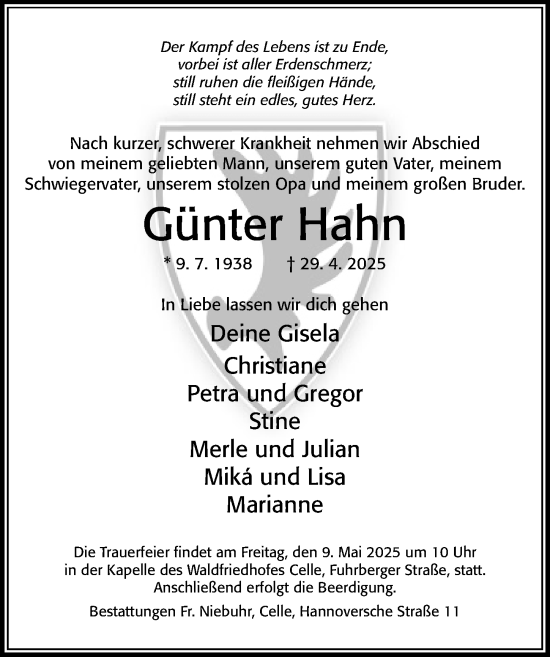 Traueranzeige von Günter Hahn von Cellesche Zeitung