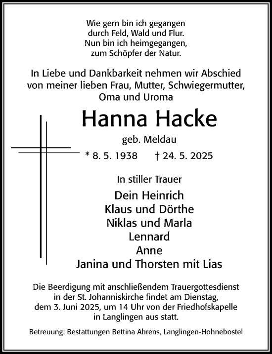 Traueranzeige von Hanna Hacke von Cellesche Zeitung