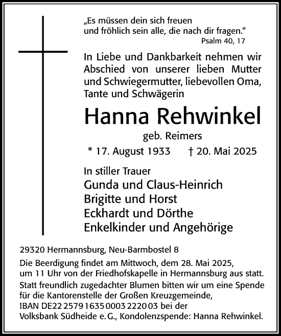 Traueranzeige von Hanna Rehwinkel von Cellesche Zeitung