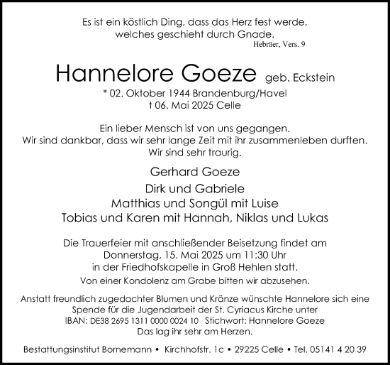 Traueranzeige von Hannelore Goeze von Cellesche Zeitung