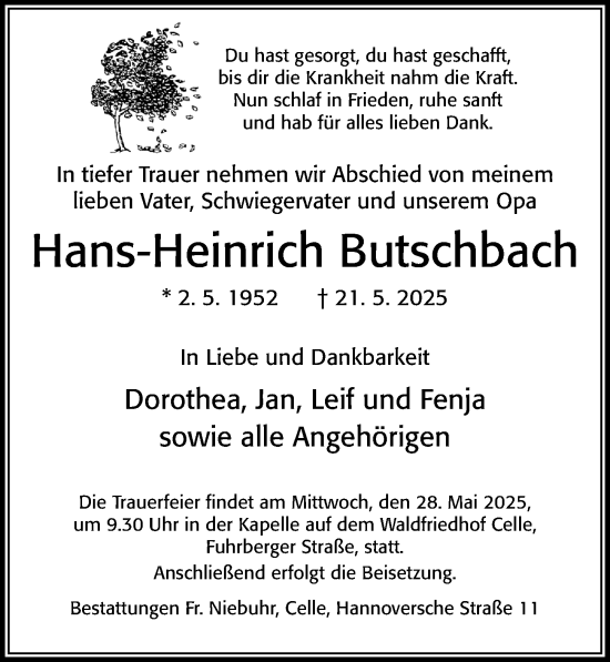 Traueranzeige von Hans-Heinrich Butschbach von Cellesche Zeitung