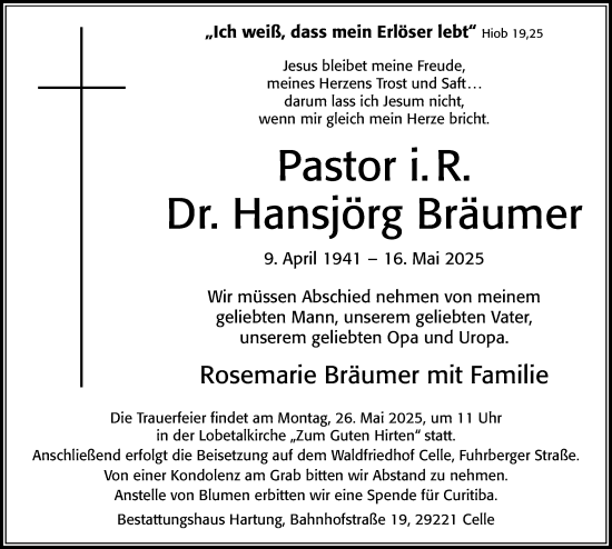 Traueranzeige von Hansjörg Bräumer von Cellesche Zeitung