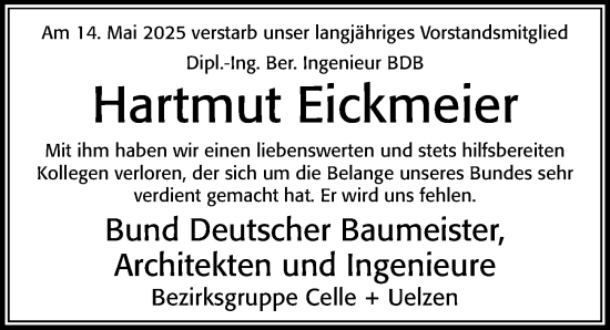 Traueranzeige von Hartmut Eickmeier von Cellesche Zeitung