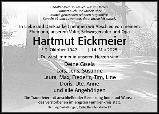 Traueranzeige von Hartmut Eickmeier von Cellesche Zeitung
