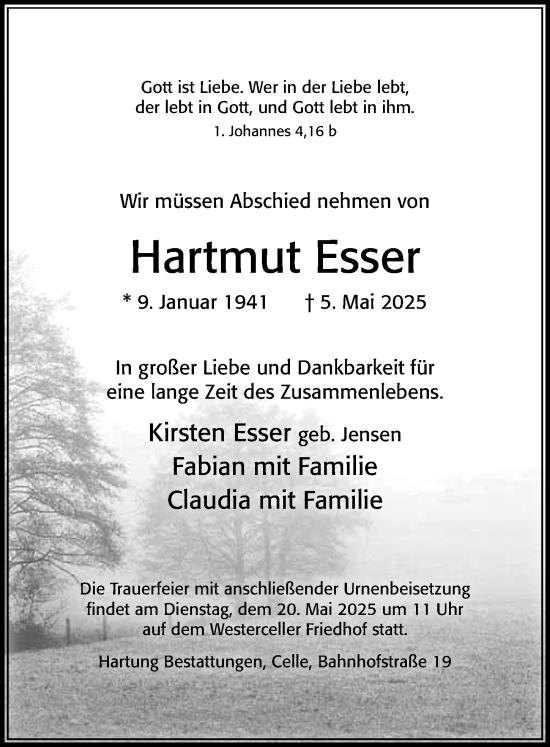 Traueranzeige von Hartmut Esser von Cellesche Zeitung