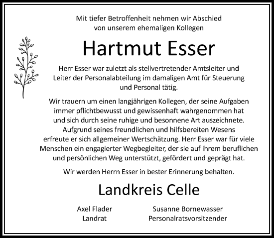 Traueranzeige von Hartmut Esser von Cellesche Zeitung
