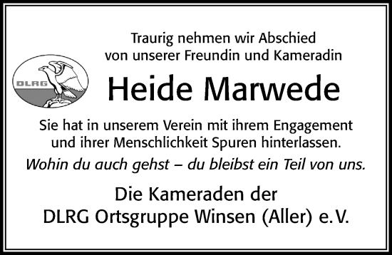 Traueranzeige von Heide Marwede von Cellesche Zeitung