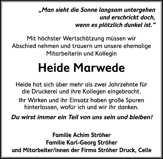 Traueranzeige von Heide Marwede von Cellesche Zeitung