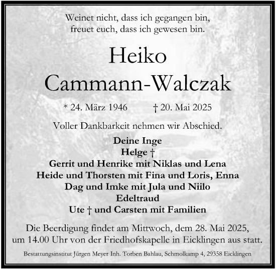 Traueranzeige von Heiko Cammann-Walczak von Cellesche Zeitung
