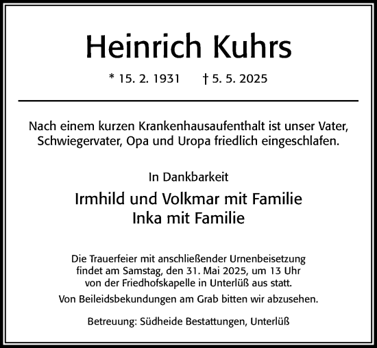 Traueranzeige von Heinrich Kuhrs von Cellesche Zeitung