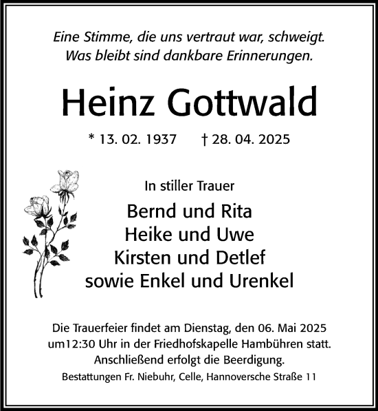 Traueranzeige von Heinz Gottwald von Cellesche Zeitung